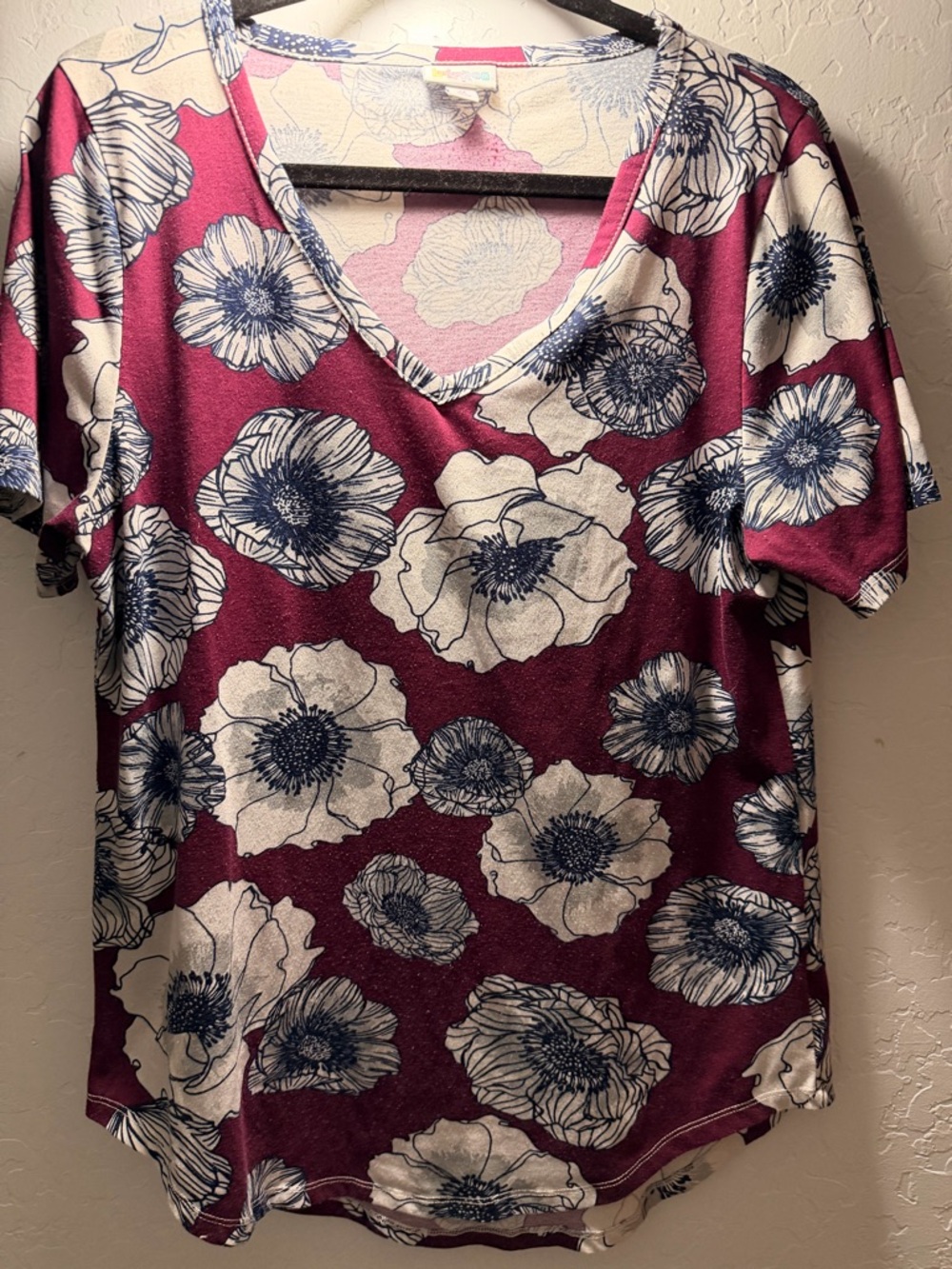 LuLaRoe Burgundy Floral V-Neck Tee with White and Navy Blooms